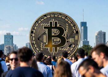 Una multitud rodea a una moneda gigante de bitcoin, con una ciudad al fondo