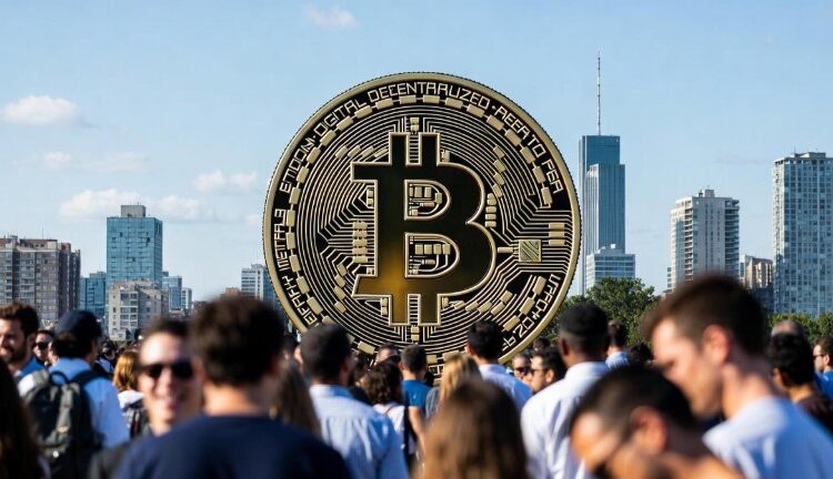 Una multitud rodea a una moneda gigante de bitcoin, con una ciudad al fondo