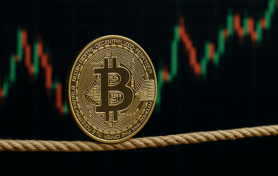 En primer plano: una moneda física de bitcoin haciendo equilibrio en una cuerda. En el fondo, un gráfico de precio genérico, con velas japonesas rojas y verdes.
