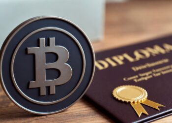 Logo de Bitcoin en color marrón claro, junto a un certificado que dice: "DIPLOMA", también en marrón y en letras doradas.