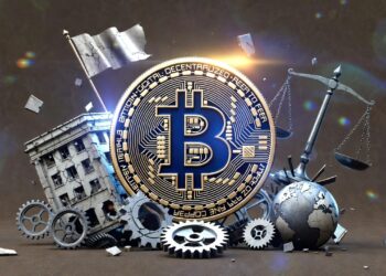 Logo de bitcoin rodeado de edificios destruidos que representan instituciones.