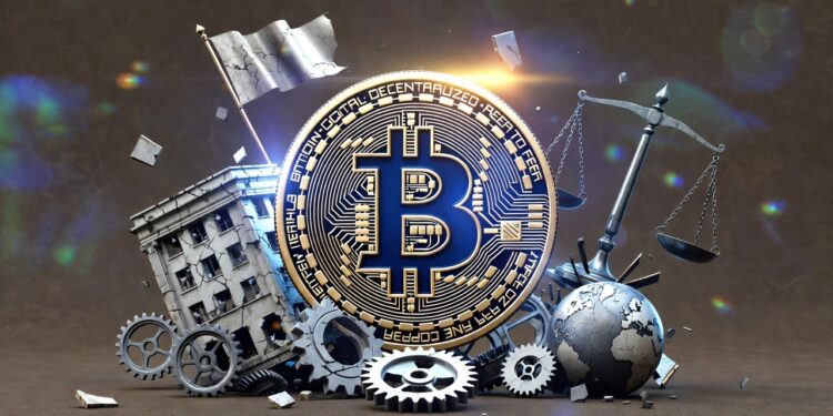 Logo de bitcoin rodeado de edificios destruidos que representan instituciones.