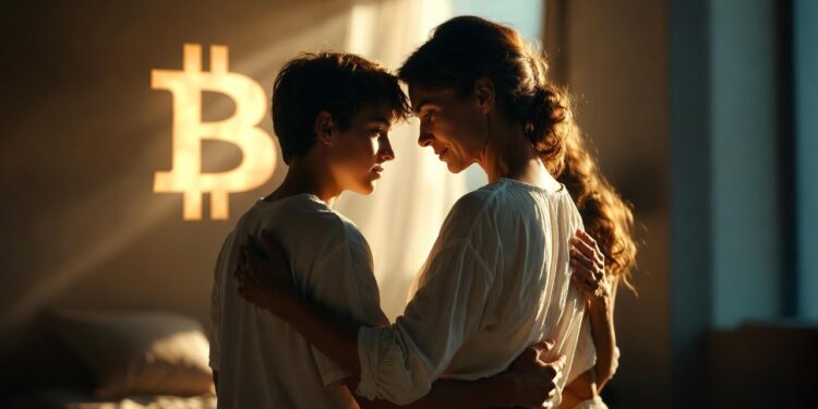 Una mujer abraza a sus dos hijos en su casa. Al fondo aparece un logo de Bitcoin.