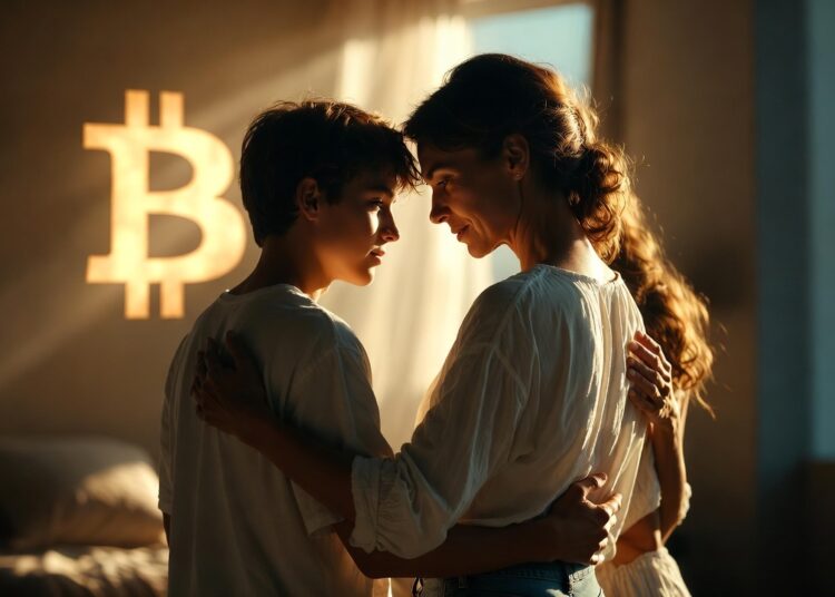 Una mujer abraza a sus dos hijos en su casa. Al fondo aparece un logo de Bitcoin.