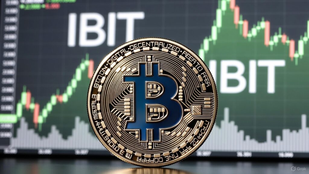 Una moneda física de bitcoin dorada y Al fondoaparece una pantalla de trading con un gráfico alcista en tonos verdes.