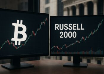 Dos pantallas muestran gráficos bursátiles: a la izquierda, el símbolo de Bitcoin con un gráfico de velas en alza; a la derecha, el índice Russell 2000.