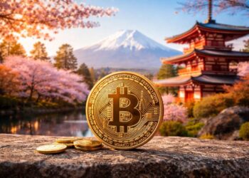 Moneda de bitcoin en primer plano y un paisaje típicamente japonés en el fondo.