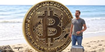Bitcoin, una playa y una persona contenta con una valija yéndose de vacaciones.