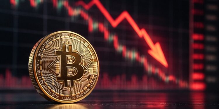 Moneda física de bitcoin dorada con gráficas en rojo de fondo.