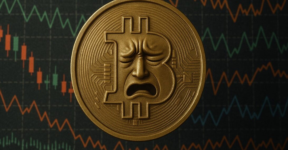 Moneda física de bitcoin dorada con una cara de dolor y de fondo gráficas de mercado.