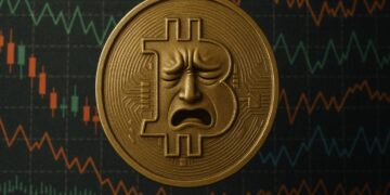 Moneda física de bitcoin dorada con una cara de dolor y de fondo gráficas de mercado.