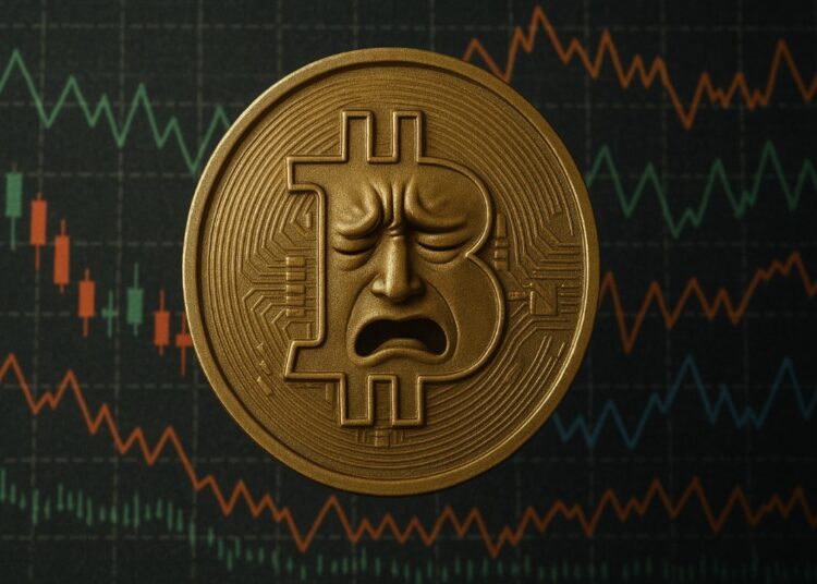 Moneda física de bitcoin dorada con una cara de dolor y de fondo gráficas de mercado.