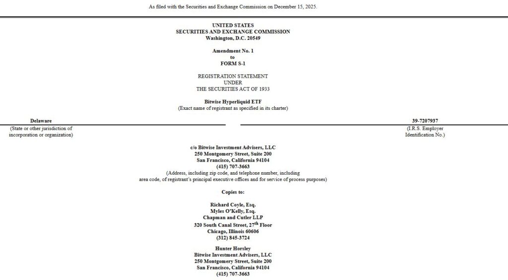 Application submitted by the Bitwise firm to launch an exchange-traded fund (ETF) based on hyperliquid.