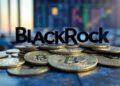 El nombre de BlackRock sobre varias monedas de bitcoin.