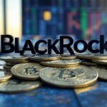 El nombre de BlackRock sobre varias monedas de bitcoin.