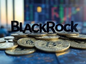 El nombre de BlackRock sobre varias monedas de bitcoin.