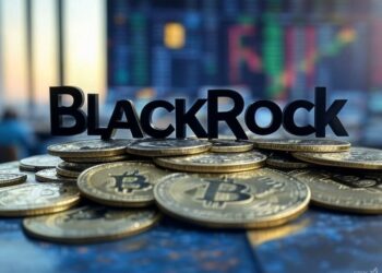 El nombre de BlackRock sobre varias monedas de bitcoin.