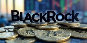 El nombre de BlackRock sobre varias monedas de bitcoin.