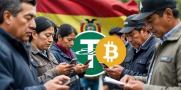 Personas comprando USDT y bitcoin, con detrás la bandera de Bolivia.