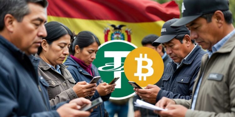 Personas comprando USDT y bitcoin, con detrás la bandera de Bolivia.