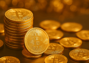 Varias monedas doradas de bitcoin apiladas y dispersas sobre una superficie brillante, iluminadas.