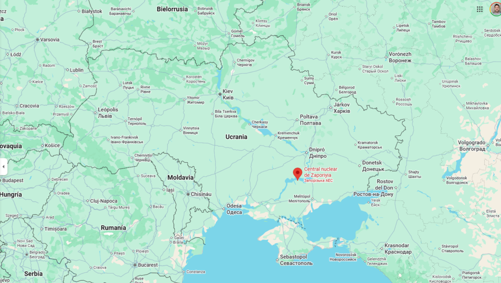 Mapa de Ucrania en el que se observa la ubicaciรณn de la central nuclear de Zaporiyia.