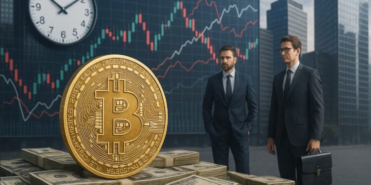 Moneda de bitcoin dorada parada sobre fajos de dólares, con dos empresarios a un lado, edificios de oficinas, gráficas de precios y un reloj en el fondo.