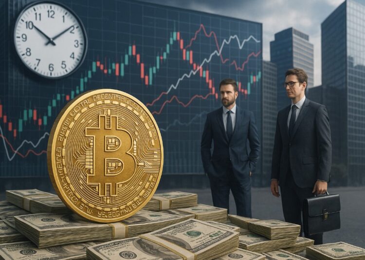 Moneda de bitcoin dorada parada sobre fajos de dólares, con dos empresarios a un lado, edificios de oficinas, gráficas de precios y un reloj en el fondo.