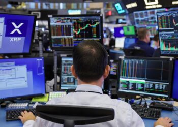 Un trader visto desde atrás, sentado frente a una estación de trabajo con múltiples monitores en el piso de operaciones de la Chicago Mercantile Exchange.