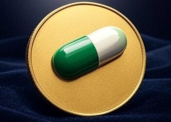 Una moneda dorada con una píldora verde y blanca encima.