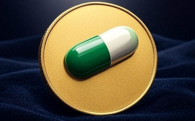 Una moneda dorada con una píldora verde y blanca encima.