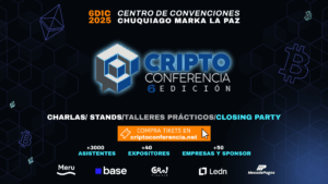 Arte promocional de la Cripto Conferencia 6.ª edición que muestra la fecha 6 de diciembre de 2025, lugar Centro de Convenciones Chuquiago Marka en La Paz, logotipo tridimensional azul de la conferencia en el centro, texto que anuncia charlas, stands, talleres prácticos y closing party.
