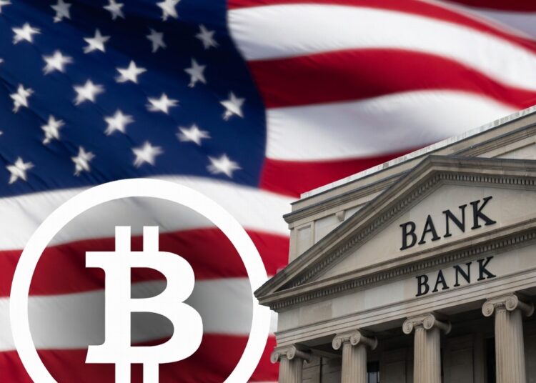 Bandera de los Estados Unidos junto a un banco y un logo de Bitcoin.