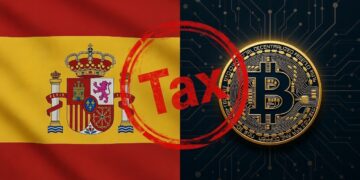 Bandera de España junto a un logo de Bitcoin y un sello con la palabra TAX.