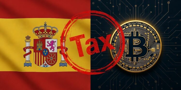 Bandera de España junto a un logo de Bitcoin y un sello con la palabra TAX.