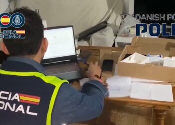 Agente de la policia nacional de españa frentre a una laptop.