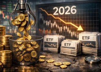 Una garra mecánica recoge monedas de bitcoin doradas mientras documentos de ETF se acumulan a un lado.