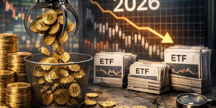 Una garra mecánica recoge monedas de bitcoin doradas mientras documentos de ETF se acumulan a un lado.