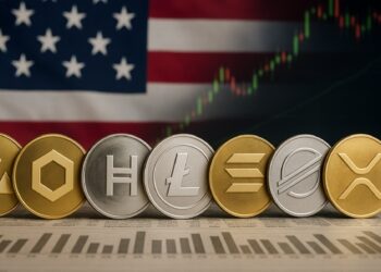 Siete monedas físicas de criptomonedas alineadas en fila y al fondo la bandera de Estados Unidos.