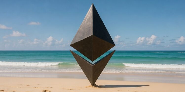 Logo de Ethereum en la playa.
