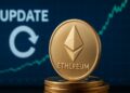 moneda física dorada de Ethereum y en el fondo una pantalla azul con la palabra “UPDATE” y un gráfico financiero que muestra una tendencia alza.