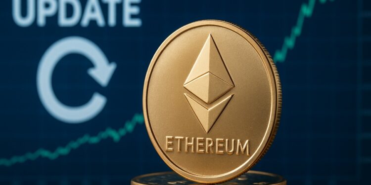 moneda física dorada de Ethereum y en el fondo una pantalla azul con la palabra “UPDATE” y un gráfico financiero que muestra una tendencia alza.