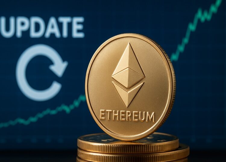 moneda física dorada de Ethereum y en el fondo una pantalla azul con la palabra “UPDATE” y un gráfico financiero que muestra una tendencia alza.