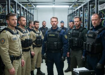 Agentes de la ley dentro de un galpón.