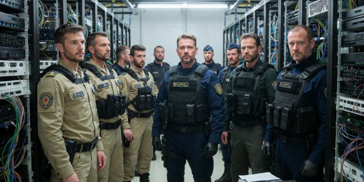 Agentes de la ley dentro de un galpón.