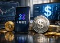 Smartphone con la app Exodus abierta, rodeado de una stablecoin con símbolo de dólar, fajos de billetes y pantallas con gráficos financieros.