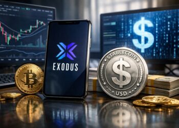 Smartphone con la app Exodus abierta, rodeado de una stablecoin con símbolo de dólar, fajos de billetes y pantallas con gráficos financieros.
