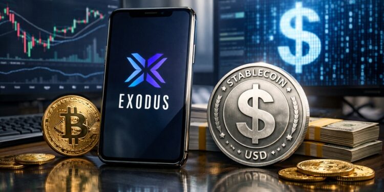 Smartphone con la app Exodus abierta, rodeado de una stablecoin con sรญmbolo de dรณlar, fajos de billetes y pantallas con grรกficos financieros.