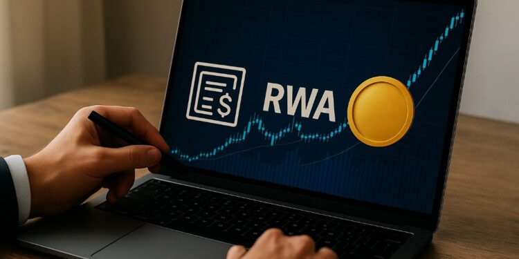 Una laptop tocada con dos manos que muestra en la pantalla RWA con una moneda.