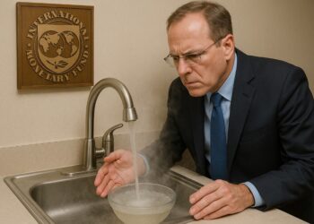 Un funcionario del FMI en un grifo que bota agua tibia a un recipiente de vidrio.